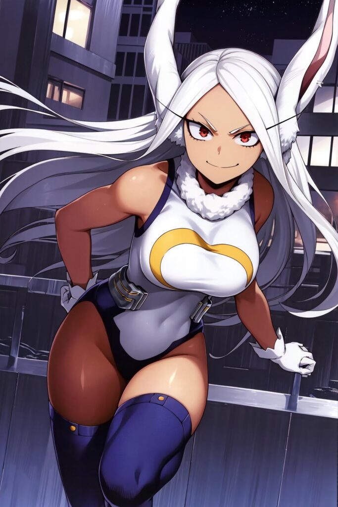 Mirko [My Hero Academia], MHAmirko, rabbit ears rabbit girl, white hair, long hair, red_eyes , dark_skinned_woman, dark_taned_skin, long eyelashes, fur collar, white gloves, purple stockings, rabbit tail