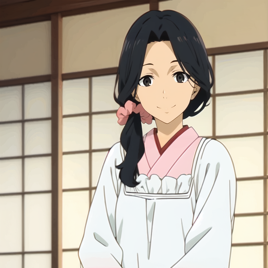 Handa Emi, mature female, black hair, black eyes, pink kimono, white kappougi, white socks, blue slippers, pink hair scrunchie, hair over shoulder, long hair