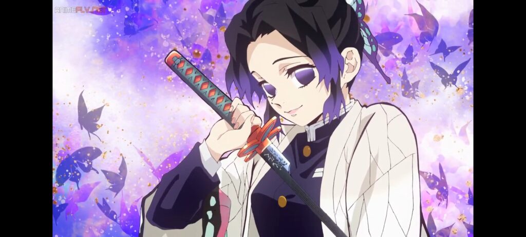 (胡蝶 しのぶ) - Demon Slayer (鬼滅の刃), shinobu kochou, animal print, black hair, butterfly, butterfly hair ornament, butterfly print, forehead, gradient hair, hair ornament, haori, multicolored hair, parted bangs, purple hair, short hair, two-tone hair, Waifus con una Belleza Elegante