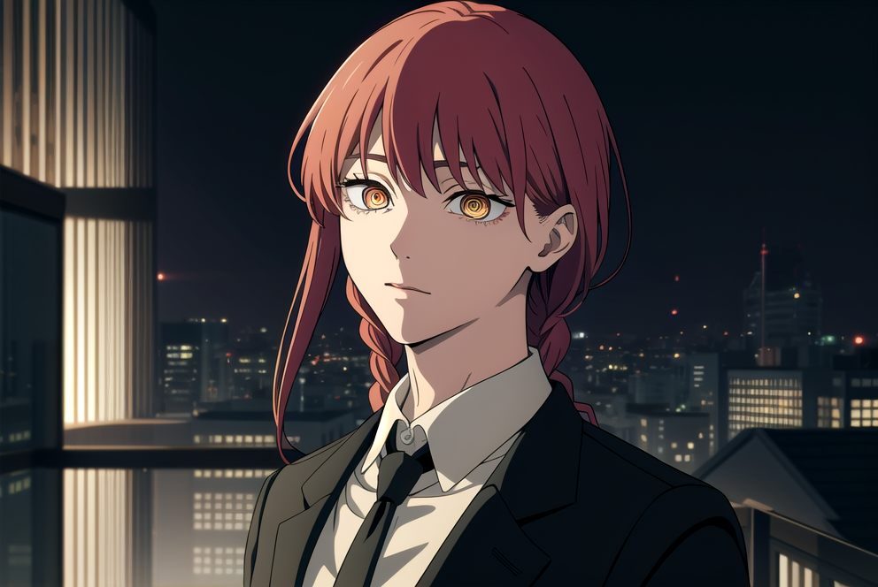 makima \(chainsaw man\), red hair, long braided hair, bangs, golden eyes, beautiful golden eyes, ((Ringed Eyes)), white shirt, black pants, black necktie, (light diffusion), 1 girl, maestros de la tortura en el anime