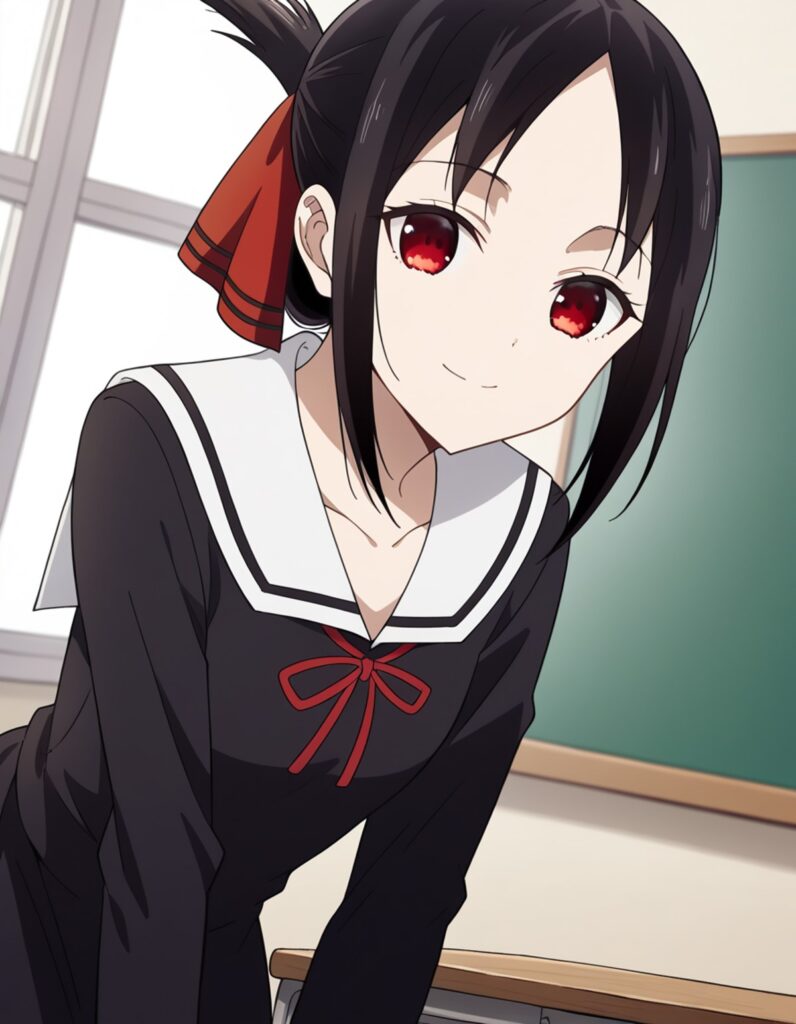 Kaguya Shinomiya (四宮 かぐや) - Kaguya-sama: Love is War (かぐや様は告らせたい～天才たちの恋愛頭脳戦～), kaguya shinomiya, short hair, bangs, black hair, red eyes, hair ribbon, sidelocks, folded ponytail, parted bangs,