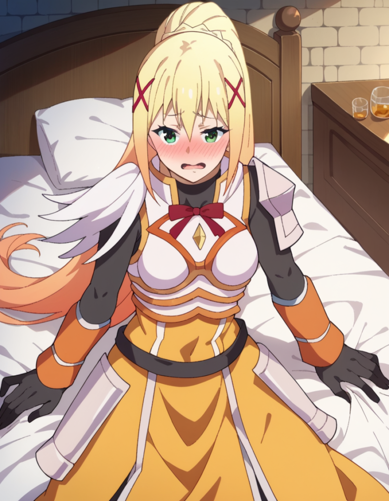 Waifus con Diseños de Combate más Sexys, Darkness (ダクネス) / Lalatina Dustiness Ford (ダスティネス・フォード・ララティーナ / ダクネス) - KonoSuba: God's Blessing on This Wonderful World! (この素晴らしい世界に祝福を！), darkness \(konosuba\), long hair, green eyes, blonde hair, hair ornament, ponytail, braid, x hair ornament,