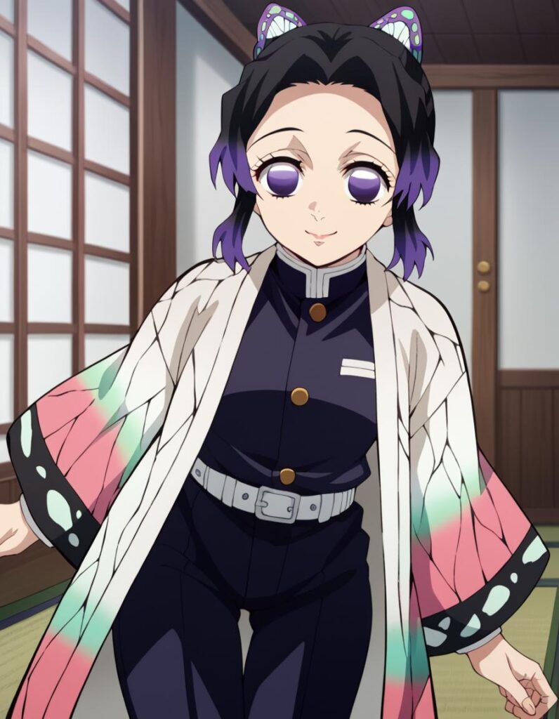 (胡蝶 しのぶ) - Demon Slayer (鬼滅の刃), shinobu kochou, animal print, black hair, butterfly, butterfly hair ornament, butterfly print, forehead, gradient hair, hair ornament, haori, multicolored hair, parted bangs, purple hair, short hair, two-tone hair,