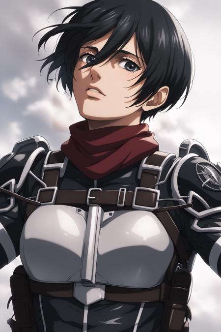 Adult Mikasa Ackerman | Attack on Titan: The Final Season, adult mikasa ackerman, black eyes, black hair, short hair, medium breasts,, adult mikasa ackerman, black eyes, black hair, short hair, paradis military uniform, armor, boots,