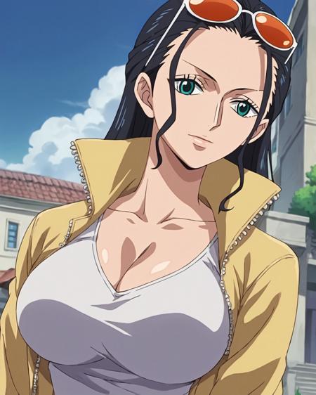 Nico Robin ニコ・ロビン - One Piece, onepiece_nico_robin, green eyes, eyewear on head, partially unzipped, hair slicked back, jacket, crop top,
