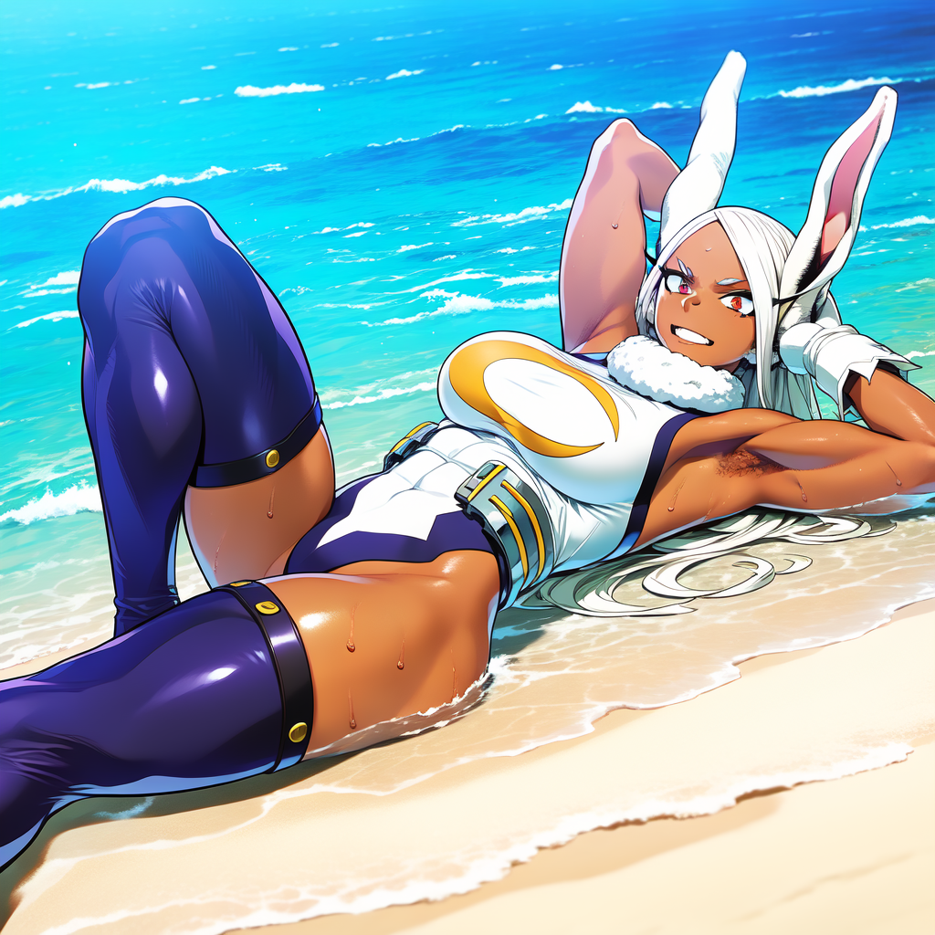 Waifus con Diseños de Combate más Sexys, Mirko [My Hero Academia], MHAmirko, rabbit ears rabbit girl, white hair, long hair, red_eyes , dark_skinned_woman, dark_taned_skin, long eyelashes, fur collar, white gloves, purple stockings, rabbit tail
