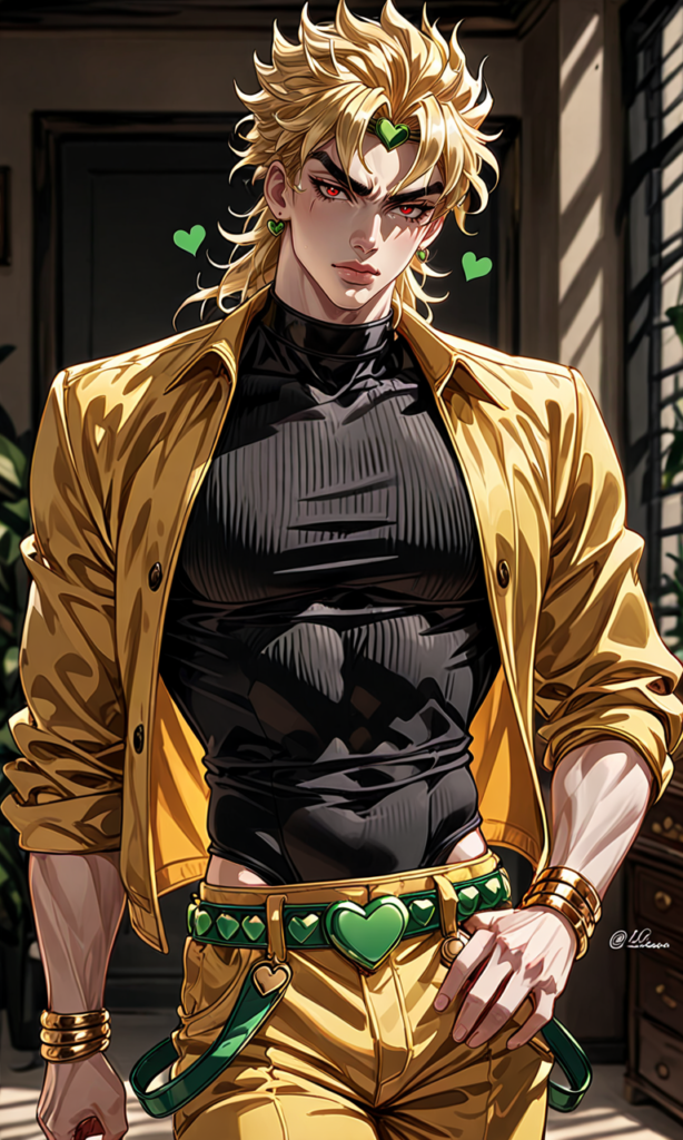 Dio Brando, 1boy, solo, blond hair, red eyes, black ribbed tank top, yellow jacket, yellow pants, green heart buckle belt, golden bracelets