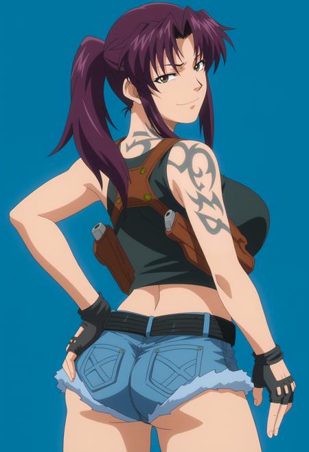 revy, purple hair, brown eyes, shoulder tattoo,, long hair,, ponytail,, tank top, midriff, holster, short shorts, belt, fingerless gloves,