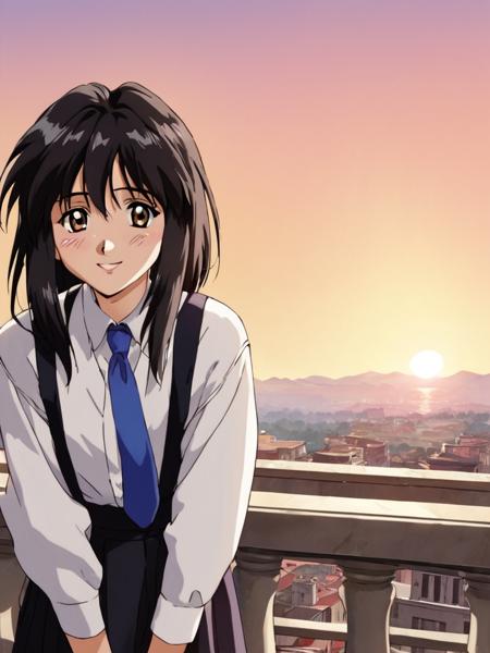 melfina, black hair, brown eyes, medium hair, retro artstyle, 1990s (style), white long sleeve shirt, necktie, black skirt, suspenders, shy smile