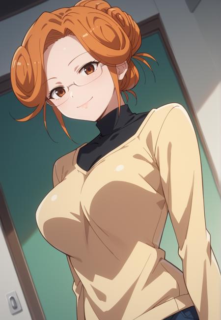 KatsuragiMari, necklace, semi-rimless eyewear, turtleneck, long sleeves, shirt, yellow sweater, blue apron, black skirt, white socks, sandals, slippers