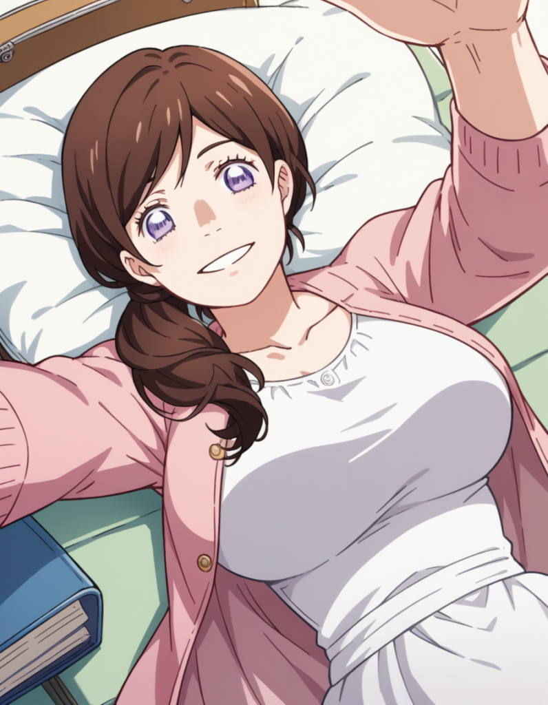 akari kawamoto, long hair, brown hair, purple eyes, hair over shoulder, mature female, large breasts,