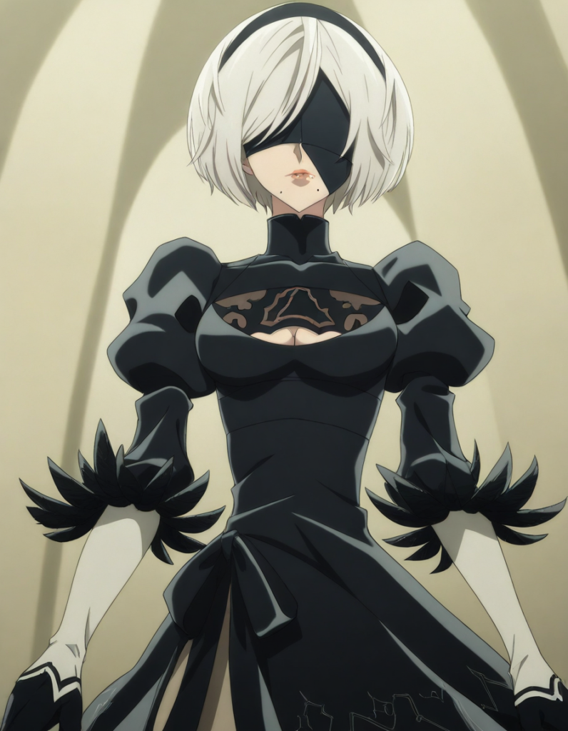YoRHa 2-gou B-gata "2B" (ヨルハ2号B型) - Nier: Automata, 2b, yorha no. 2 type b, short hair, white hair, hairband, mole, black hairband, mole under mouth, blindfold, covered eyes, black blindfold, medium breasts,