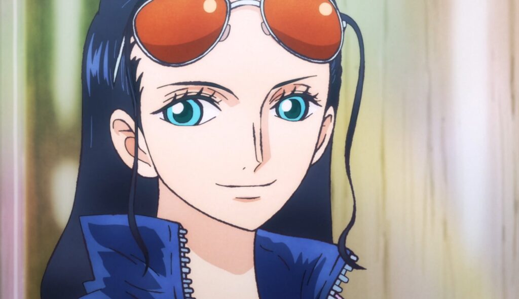Nico Robin ニコ・ロビン - One Piece, onepiece_nico_robin, green eyes, eyewear on head, partially unzipped, hair slicked back, jacket, crop top, Waifus con una Belleza Elegante