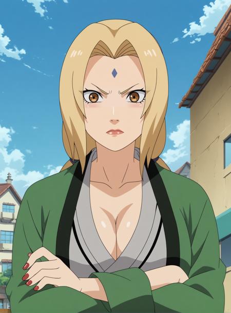 tsunade,1girl,solo,mature,breasts,large breasts,cleavage,brown eyes,forehead mark,facial_mark, collarbone,japanese clothes,long hair,mature female,makeup, lips,red nails,