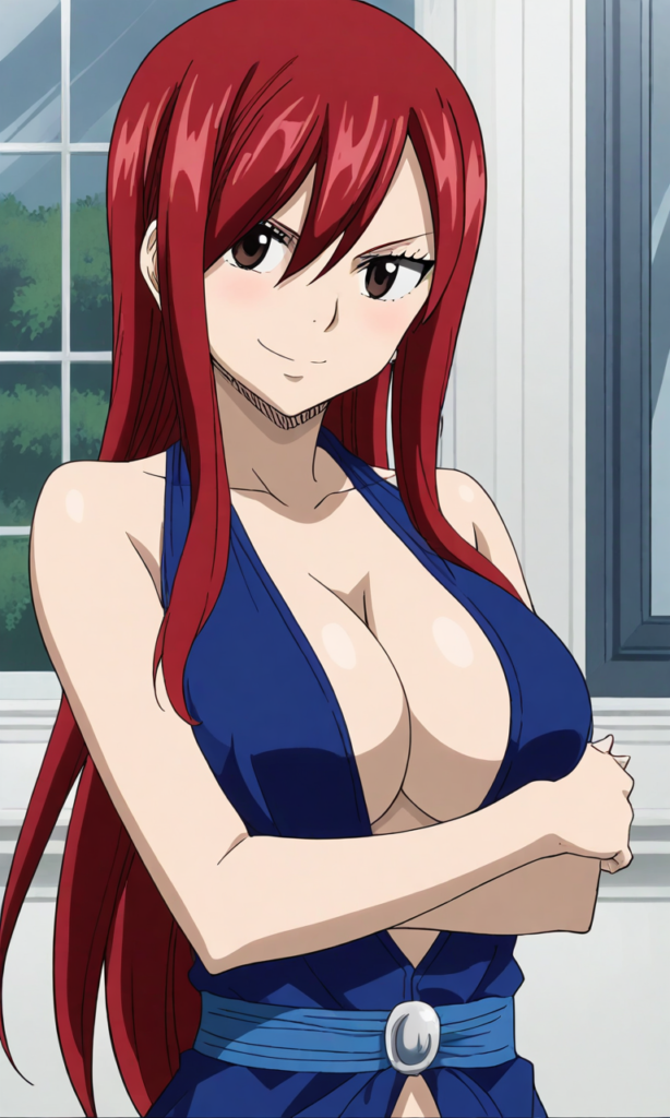 erza scarlet, red hair, brown eyes, long hair, bangs, sidelocks, sharp eyes, sfw