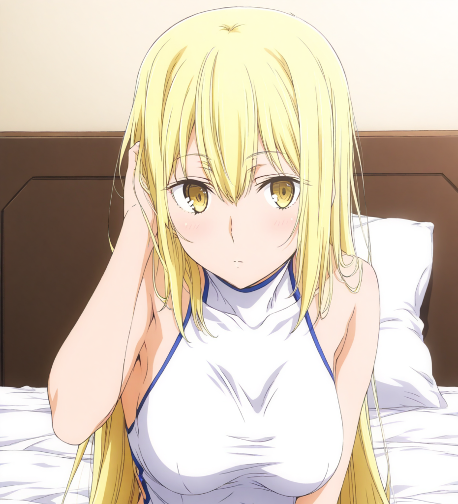aiz, 1girl, solo, long hair, blonde hair, yellow eyes, breasts, bare shoulders, upper body, looking to the side, sleeveless, anime coloring, medium breasts, hair between eyes, closed mouth, expressionless, collarbone, dress, white skirt