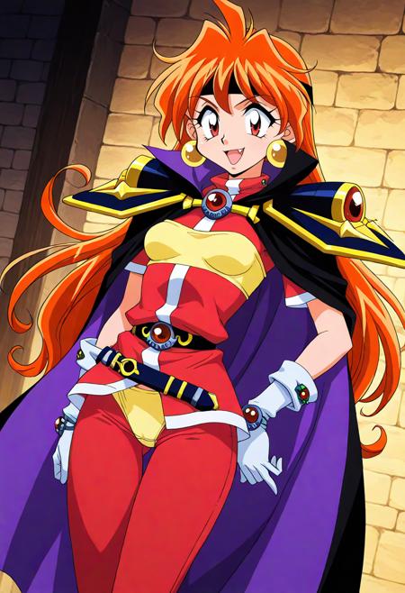lina inverse, 1girl, orange hair, big eyes, red eyes, fang,, earrings, jewelry, gloves, headband, yellow chest protector