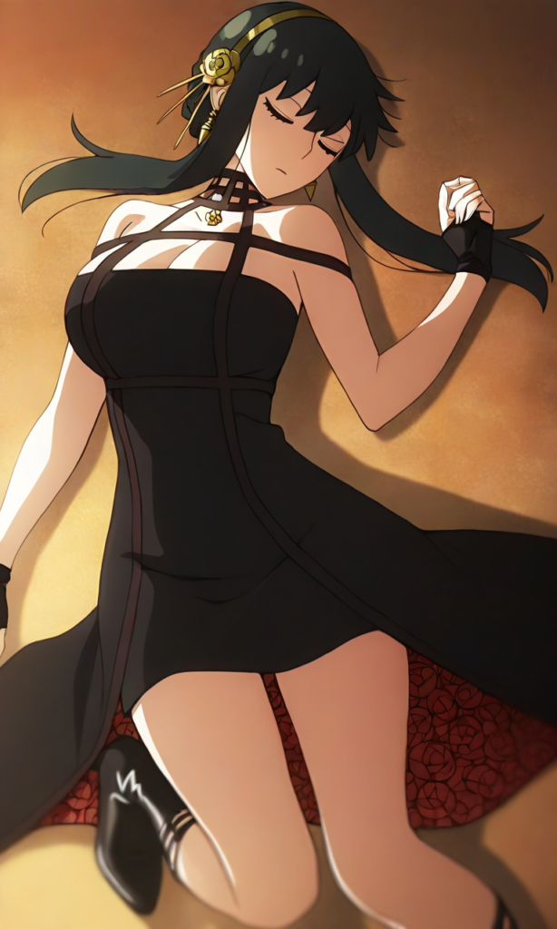 Yor Forger, yor briar, 1girl, solo, high heels, red eyes, black hair, short dress, dress, solo, black dress, hairband, sidelocks, anime style