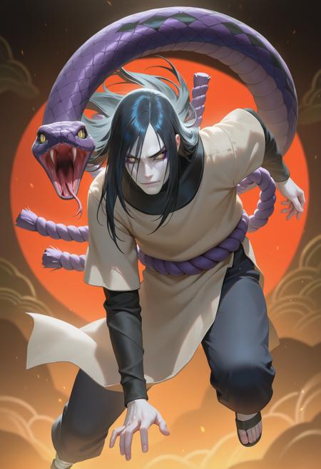 orochimaru, long hair, black hair, 1boy, male focus, pale skin, long sleeves, rope, yellow eyes,, || sandals,, || snakes, oversized animal, tongue out, long tongue,