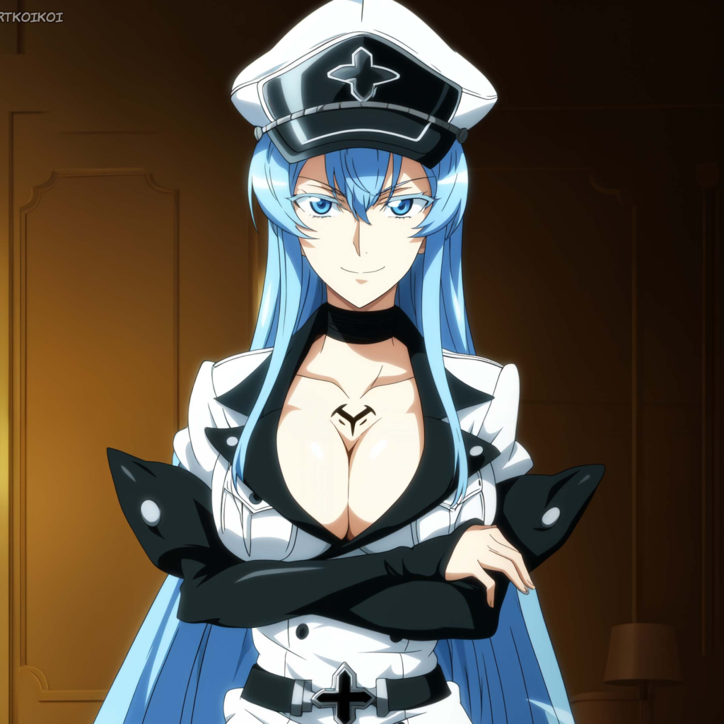 blue hair, blue eyes, pale skin,large chest, Esdeath (エスデス) - Akame ga Kill! (アカメが斬る！)