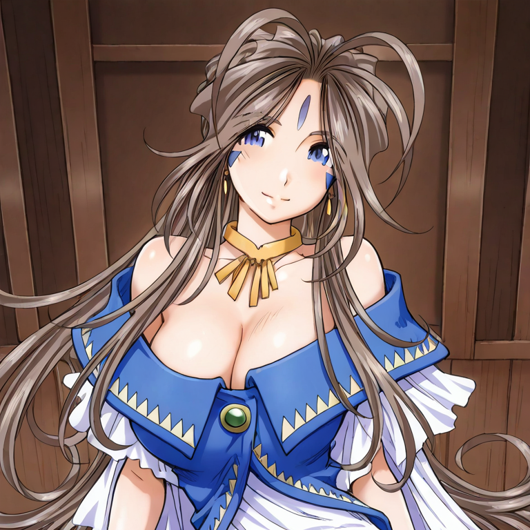 ベルダンディ belldandy, belldandy,brown hair,very long hair,ponytail,blue eyes,large breasts,bare shoulders,facial mark,forehead mark,cleavage,earrings,hair ribbon,jewelry,blue off-shoulder coat,white dress,bracelet,fingerless gloves,barefoot,toeless legwear,bracelet,anklet, Waifus con una Belleza Elegante