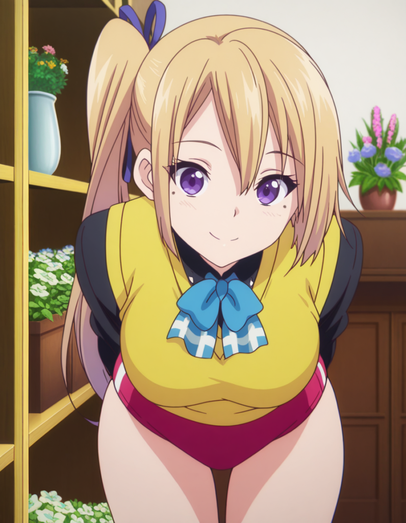 mai kawakami, blonde hair, hair ribbon, long hair, mole, mole under eye, ribbon, side ponytail, purple eyes, mature female, breasts, anime screencap