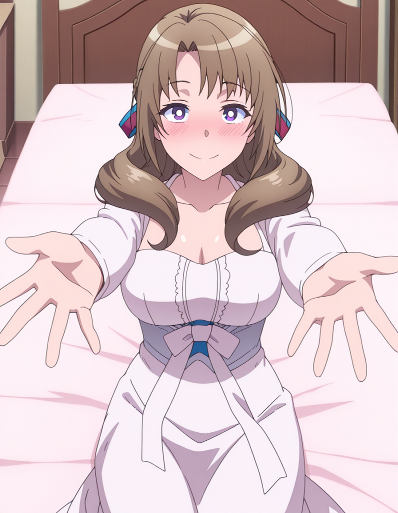 mamako oosuki, long hair, brown hair, purple eyes, hair ribbon, braid, bright pupils, french braid, white pupils, mature female, breasts, anime screencap