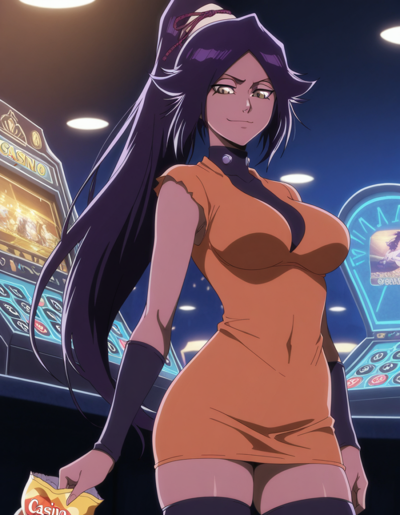 yoruichi shihouin, shihouin yoruichi, long hair, yellow eyes, ponytail, purple hair, dark skin, dark-skinned female, mature female, medium breasts, anime screencap, Yoruichi Shihouin (四楓院 夜一) - Bleach (ブリーチ)
