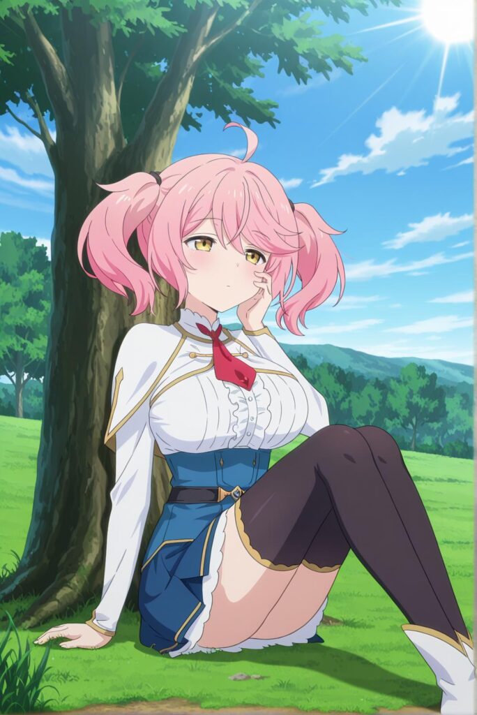 philu-al, 1girl, pink hair,twintails, ahoge, yellow eyes, large breasts,