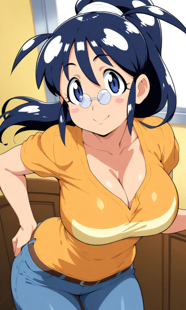 hinataaki, Solo, blue eyes, dark blue hair, ponytail, long hair, clear pince-nez,