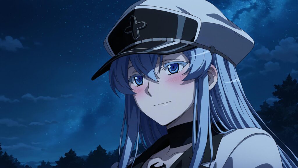 1girl, blue eyes, blue hair, long hair, tattoo on chest, breasts, cleavage, belt, cap, high-heeled boots, white uniform, long sleeves, maestros de la tortura en el anime