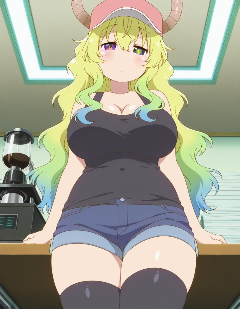 lucoa, lucoa (maidragon), blonde hair, blue hair, dragon girl, gradient hair, green hair, hair between eyes, horns through headwear, multicolored hair, baseball cap, pink hat, green eyes, purple eyes, yellow pupils, heterochromia, breasts, anime screencap