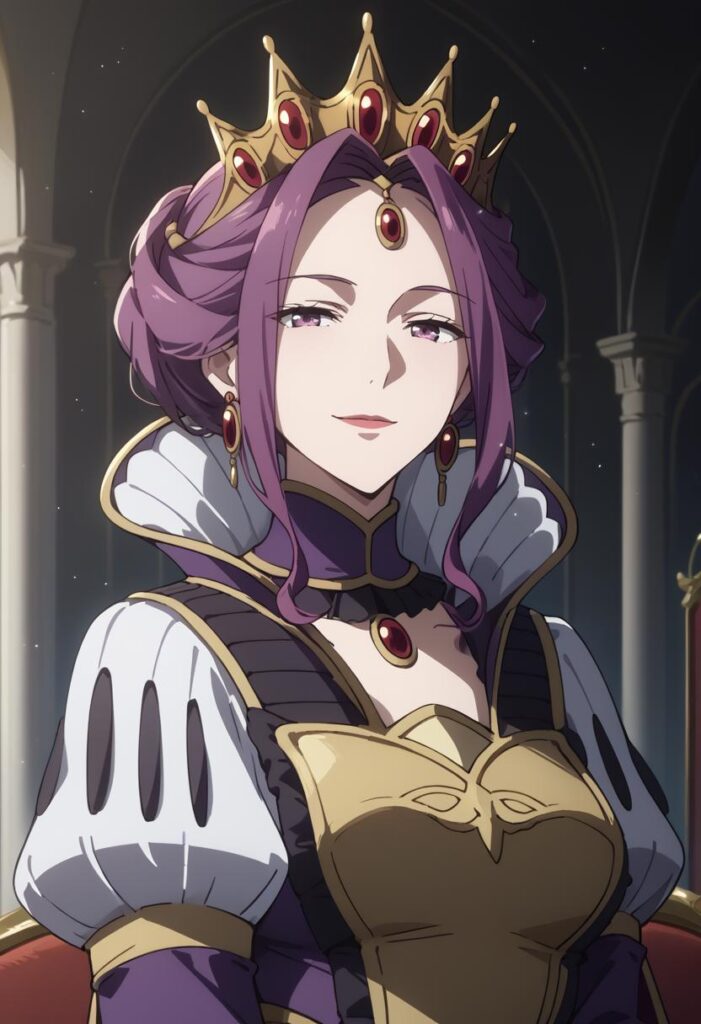 mirelia_q_melromarc, mature female, sidelocks, earrings, purple hair, purple eyes, crown,, purple dress, puffy sleeves, juliet sleeves, high collar, [Illustrious / Pony] Mirellia Q. Melromarc | The Rising of the Shield Hero Character