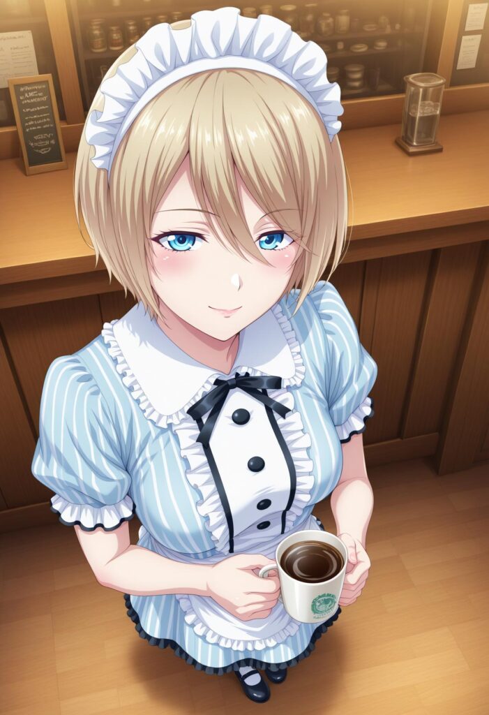 TerraceAkane, short hair, blue eyes, blonde hair, hair between eyes, breasts, maid, maid headdress, short sleeves, frills, puffy sleeves, striped clothes, blue striped dress, apron, neck ribbon