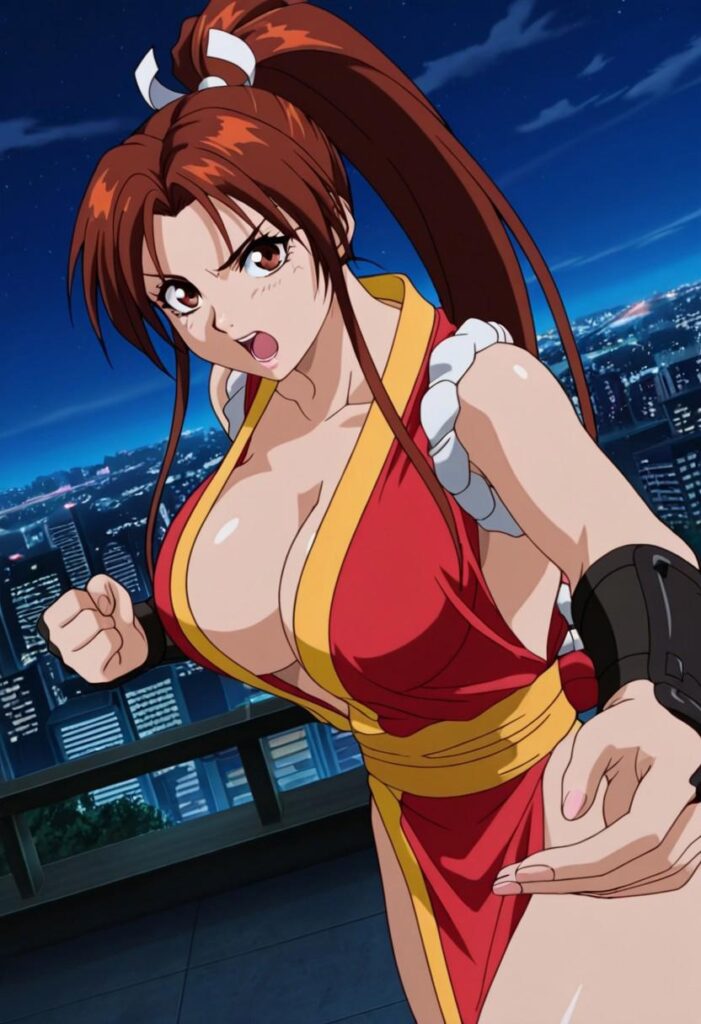 Mai Shiranui,brown hair,huge breasts,ponytail,brown eyes,, rope,open chest clothes,