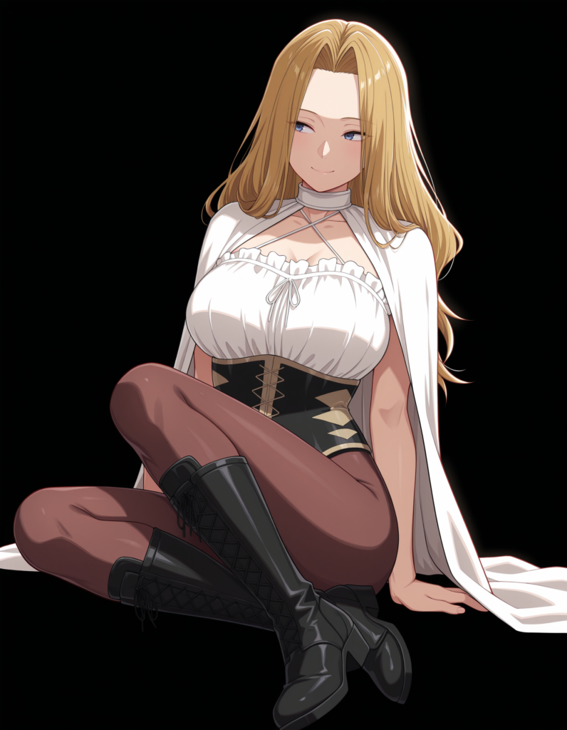 m3thode, long hair, blonde hair, parted bangs, blue eyes, large breasts, , d3fault, criss-cross halter, halterneck, corset, brown pantyhose, pantyhose under shorts, knee boots, black footwear, lace-up boots, white cape