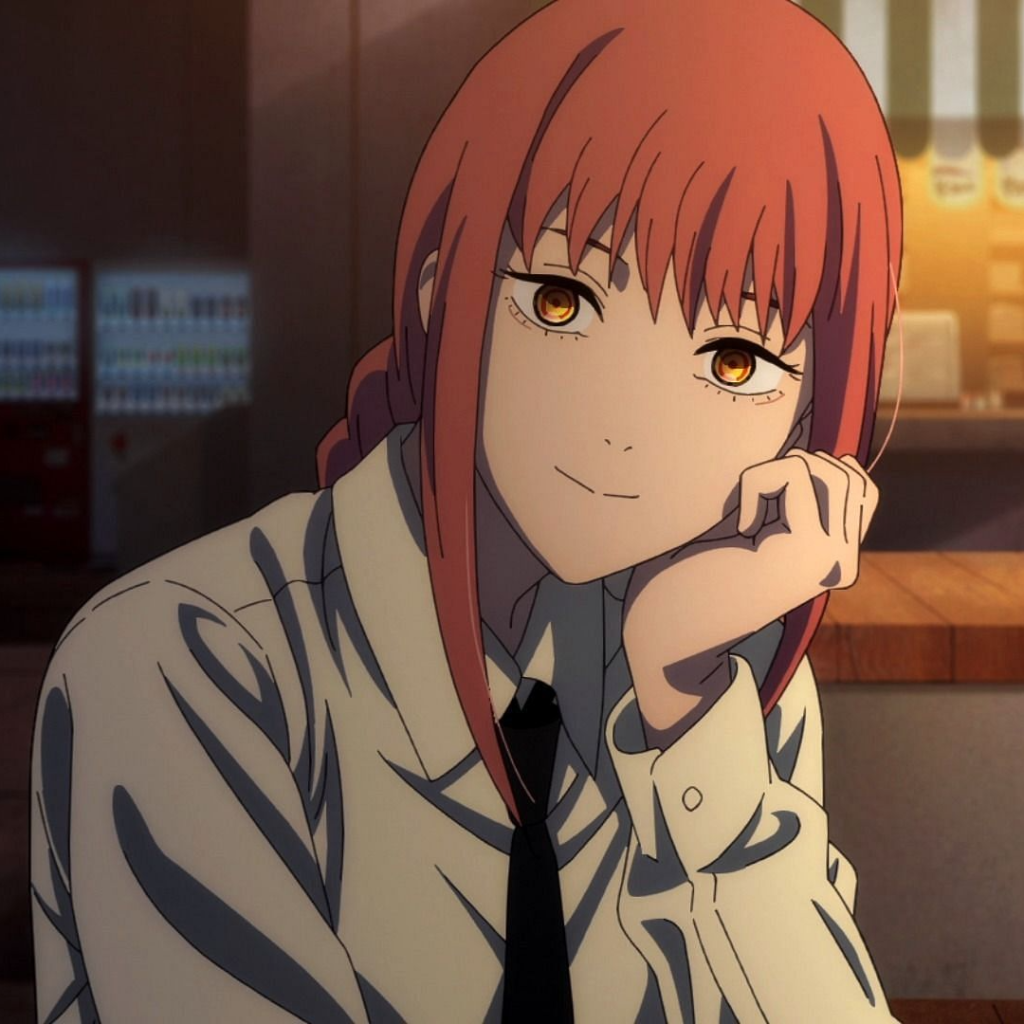 Makima, ringed eyes, red hair, braided ponytail, bangs, yellow eyes, sidelocks, black necktie, white shirt, black pants, collared shirt, long sleeves, in the apartment, inside the apartment background, detailed apartment