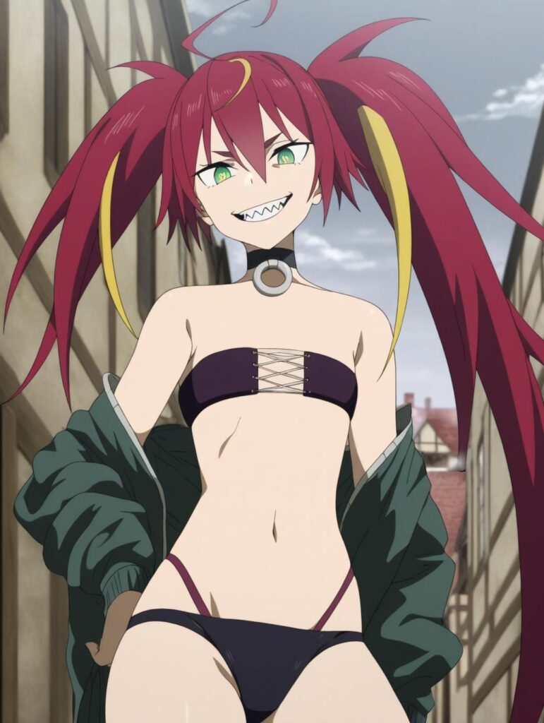 Mizarisa_LW, Full_dive_style, red hair, green eyes, twintails, long hair, multicolored hair, blonde hair, ahoge,sharp teeth