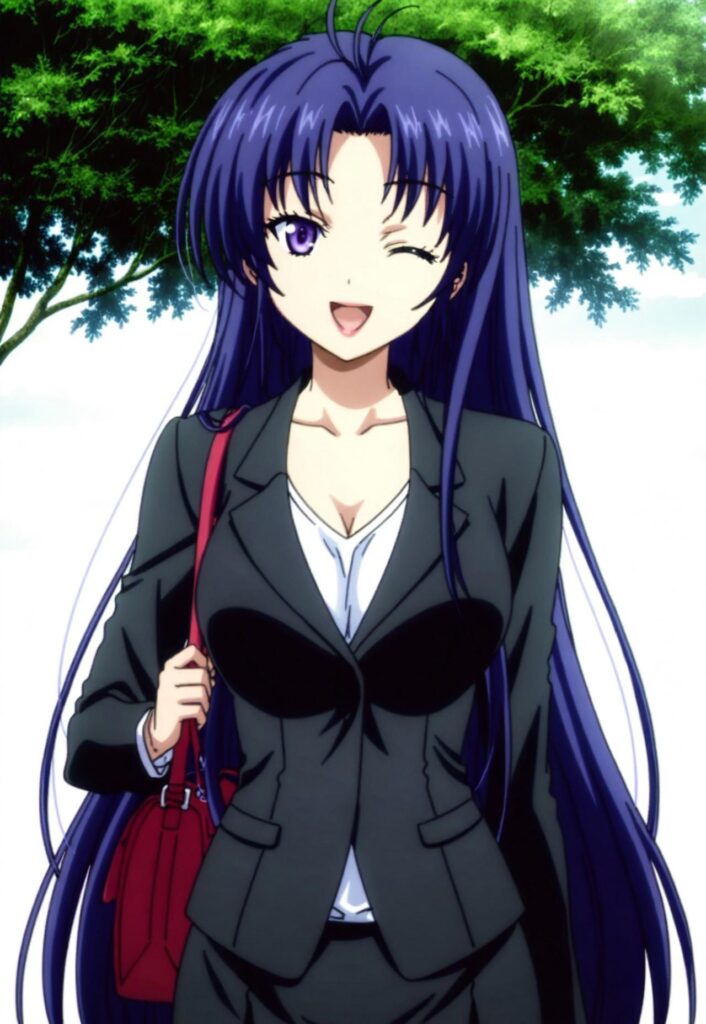 metou, long hair, blue hair, purple eyes, ahoge, parted bangs, breasts, shirt, long sleeves, collarbone, jacket, white shirt, black skirt, black jacket, formal, suit, office lady, skirt suit,
