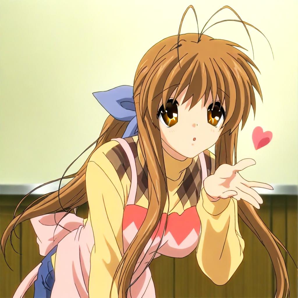 sanae furukawa, sanae furukawa (clannad), brown hair, long hair, ponytail, antenna hair, brown eyes, blue bow, multicolored sweater, apron, mature female, large breasts, 1girl, solo