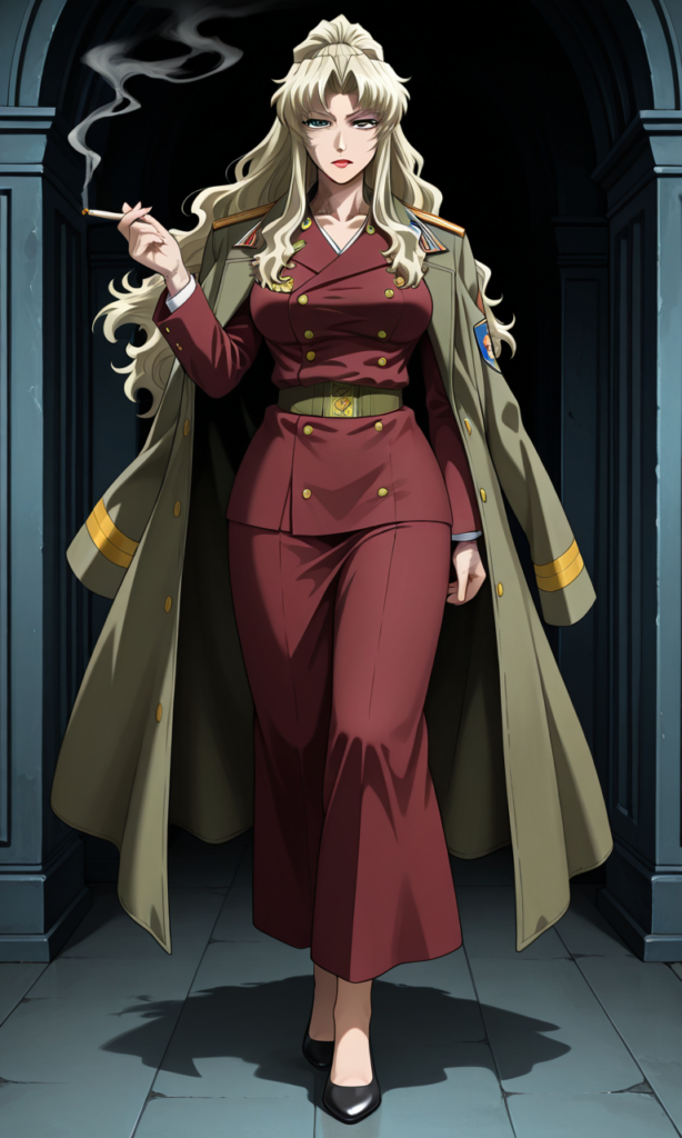 Balalaika, Black Lagoon, Light blonde hair,1girl, long hair, ponytail hair, blue eyes, burn scars on body, red lips