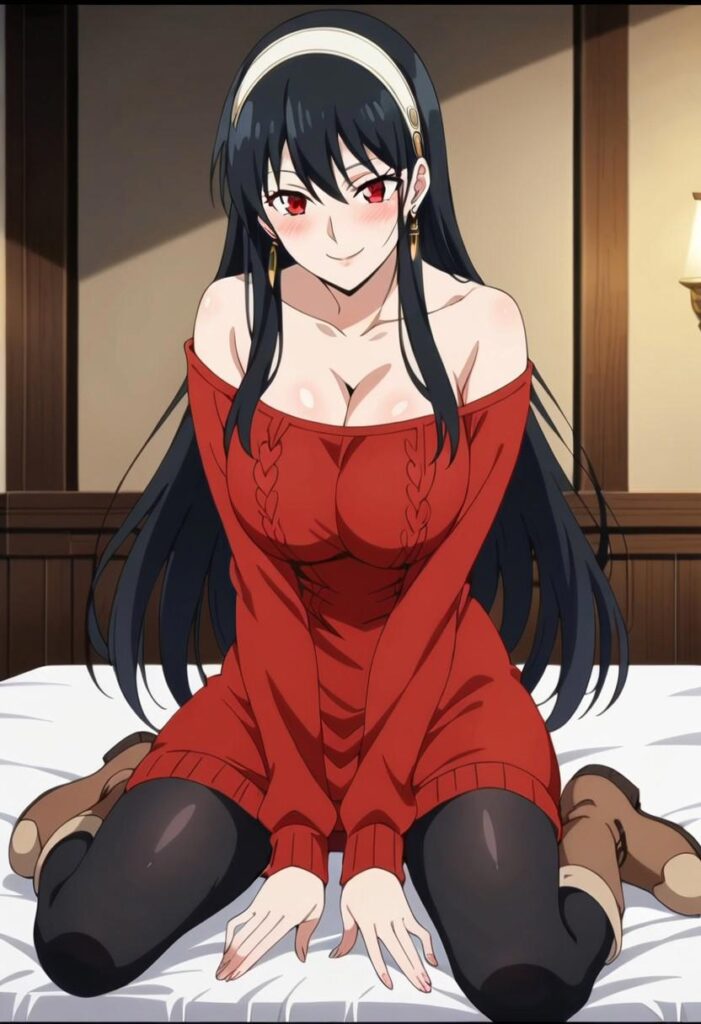 Base: yor, black hair, red eyes, earrings, white hairband, long hair, sidelocks, , sweater, dress red sweater, earrings,