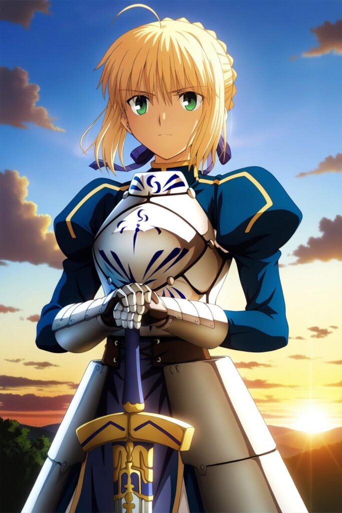 Saber - Fate Stay Night, masterpiece, best quality, amazing quality, fine details, Saber, solo, breasts, medium breasts, short hair, blonde hair, braid, hair bun, french braid, ahoge, hair between eyes, green eyes, ribbon, hair ribbon, blue ribbon, armor, dress, armored dress, blue dress, long sleeves, juliet sleeves, puffy sleeves, sword, excalibur, holding excalibur,