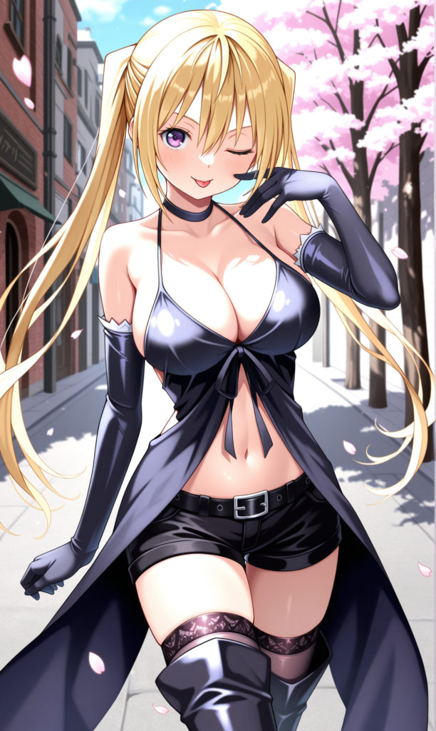 lieselotte sherlock, blonde hair, long hair, twintails, hair between eyes, purple eyes, choker, black ribbon, cleavage, navel, black gloves, elbow gloves, black dress, black thighhighs, thigh boots, thighhighs under boots, black boots, balck belt, black shorts