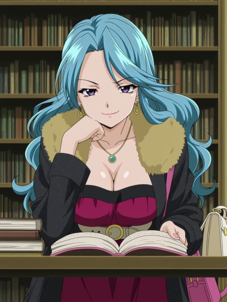 ageha kurono, long hair, blue hair, purple eyes, wavy hair, parted bangs, mature female, large breasts, anime screencap