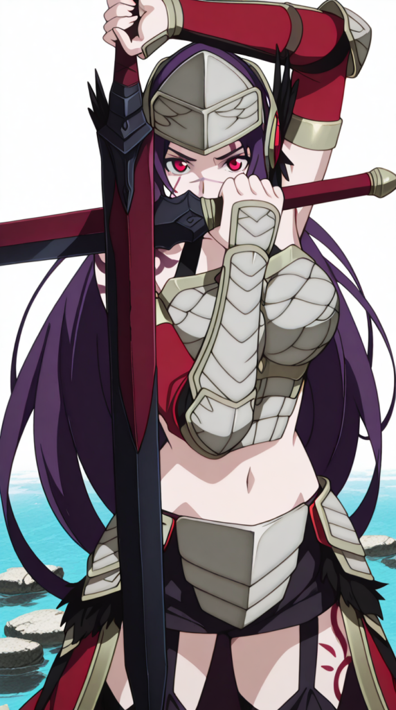 Aishela (アイシェラ) - Record of Grancrest War (Grancrest Senki) (グランクレスト戦記) - COMMISSION, aishela, long hair, purple hair, red eyes, tattoo, scar, scar on face, parted bangs, mature female, large breasts, anime screencap
