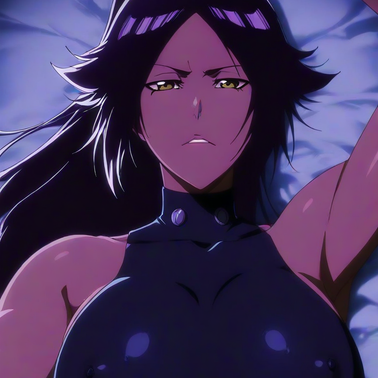 ((1girl, yoruichi shihouin, mature, mature face, tall, narrow waist, large breasts, long hair, black hair, ponytail, dark skin, dark-skinned female, high ponytail, yellow eyes, mature female, breasts, anime screencap crystal like skin, smooth lighting))