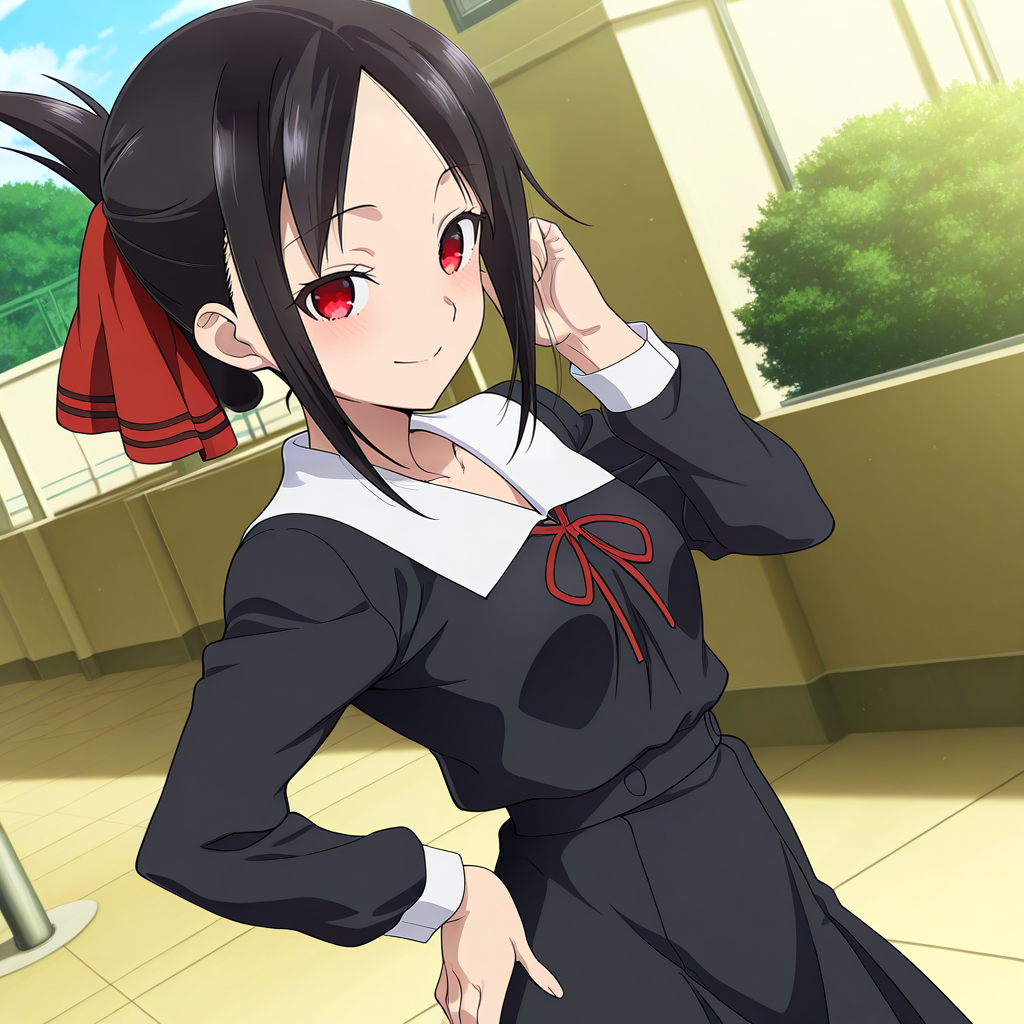 Kaguya Shinomiya/四宮かぐや(Kaguya-sama: Love is War), Kaguya Shinomiya,black_hair, hair up,hair ribbon, red ribbon, red eyes, medium breasts, forehead, bangs, Waifus con una Belleza Elegante