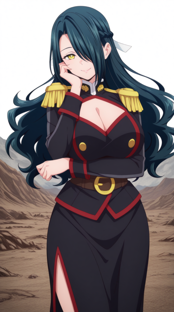fubuki azuma, long hair, black hair, green hair, yellow eyes, braid, hair ribbon, hair over one eye, large breasts, anime screencap