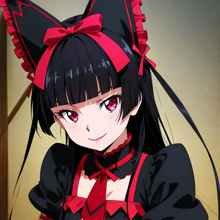 rory mercury\gate - jieitai ka no chi nite kaku tatakaeri\, 1girl, long hair, black hair, red eyes, lipstick, lolita fashion, gothic lolita, black thighhighs, garter straps, garter belt, dress, black dress, puffy sleeves, short sleeves, detached sleeves, black skirt, thigh strap, red short boots, anime screencap